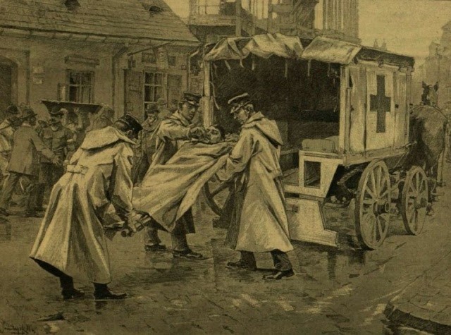 "Kholera-beteg elszállítása a Vörös-kereszt-egylet kocsiján" Forrás: Vasárnapi Ujság 39. évf. 42. sz. (1892. október 16.) Jantyik Mátyás rajza