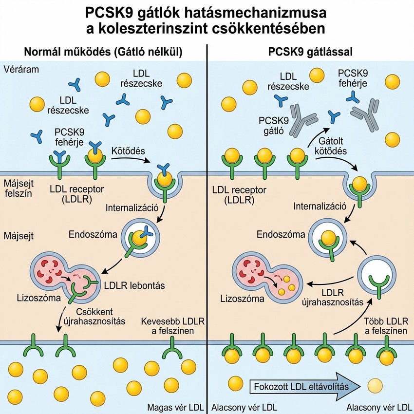 A PCSK9-gátlók (proprotein konvertáz szubtilizin/kexin 9) hatékony, új típusú koleszterincsökkentő gyógyszerek, amelyek drasztikusan, akár 60%-kal csökkentik a "rossz" (LDL) koleszterinszintet a máj LDL-receptorainak növelésével. Elsősorban magas szív- és érrendszeri kockázatú, vagy sztatinra nem reagáló betegeknél alkalmazzák az infarktus és stroke kockázatának csökkentésére, jelenleg főleg injekciós formában (pl. evolocumab, alirocumab).