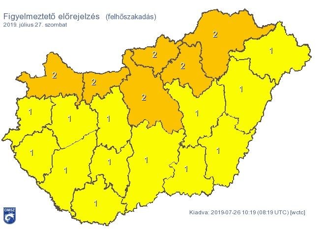 6 megyére adtak ki narancssárga figyelmeztetést felhőszakadás miatt