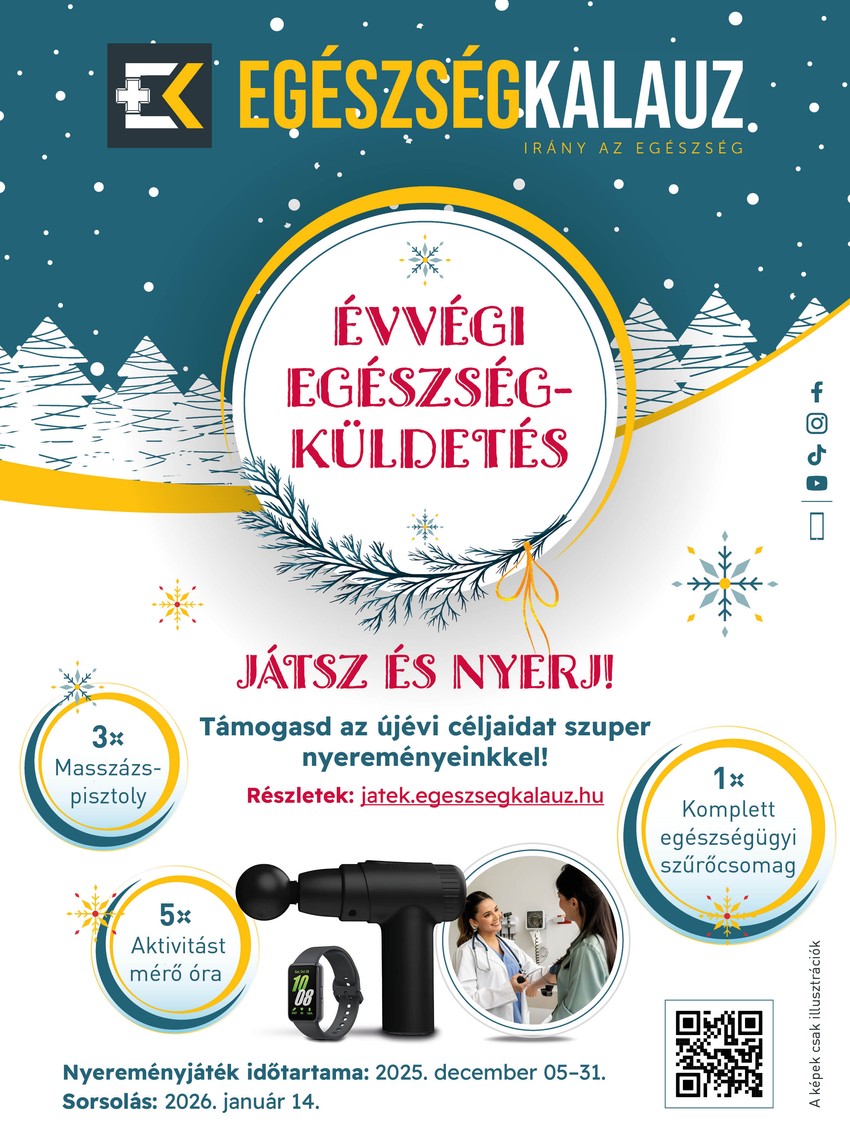 Ahogy közelednek az ünnepek és az év vége, egyre többen érzik úgy, hogy ideje lenne tudatosabban törődni saját egészségükkel. Most ehhez egy kis segítséget is adunk: elindult az Év végi EgészségKüldetés nyereményjáték, ahol értékes, egészségmegőrzést segítő ajándékok találnak gazdára – elég egyetlen helyes válasz, és máris esélyessé válhat az egyikre!