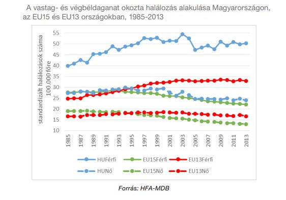 A vastag- és végbélrákban elhunytak száma évről évre növekszik. (kék)