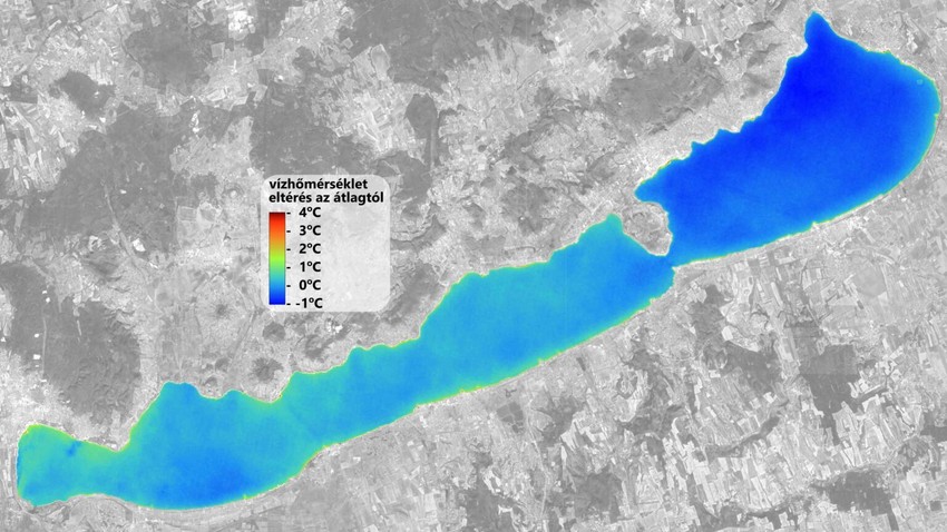 Landsat műholdfelvételből kinyert hőtérkép. A térkép öt év (2016-2020) júliusi hőmérséklet-anomáliáját mutatja
