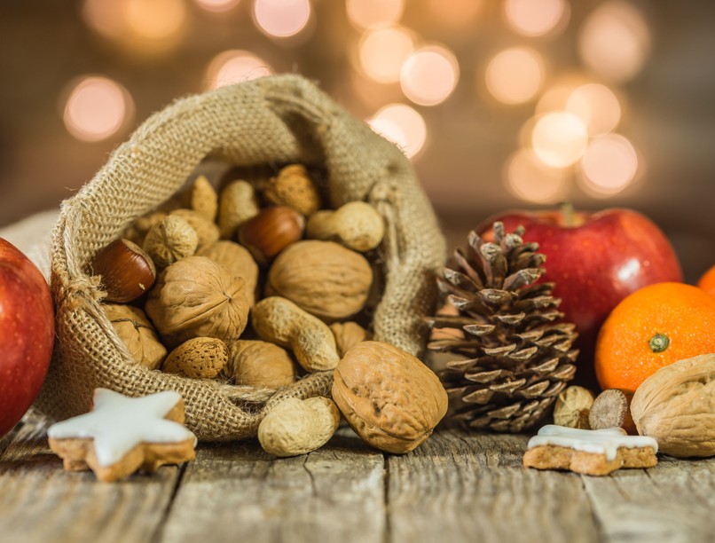 karácsony, gyógynövény, dió, alma, fenyő, fokhagyma