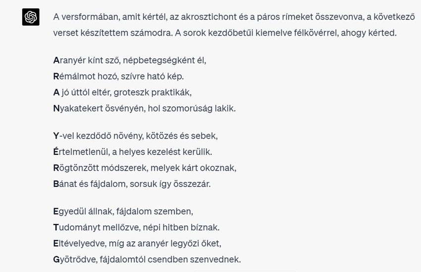 A ChatGPT az alábbi versben csillogtatta meg tudását az arnyérről.