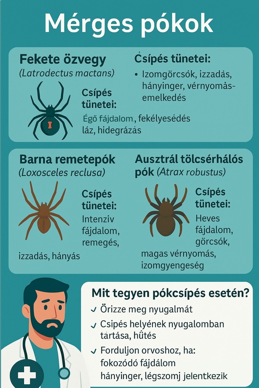 Szerencsére kevés igazán veszélyes mérges pók él Magyarországon, de mielőtt távolabbra utazik, érdemes megismerni az adott országban élő, igazán veszélyes fajokat, és tudni azt, hogy mit tehet, ha meg megharapta egy.