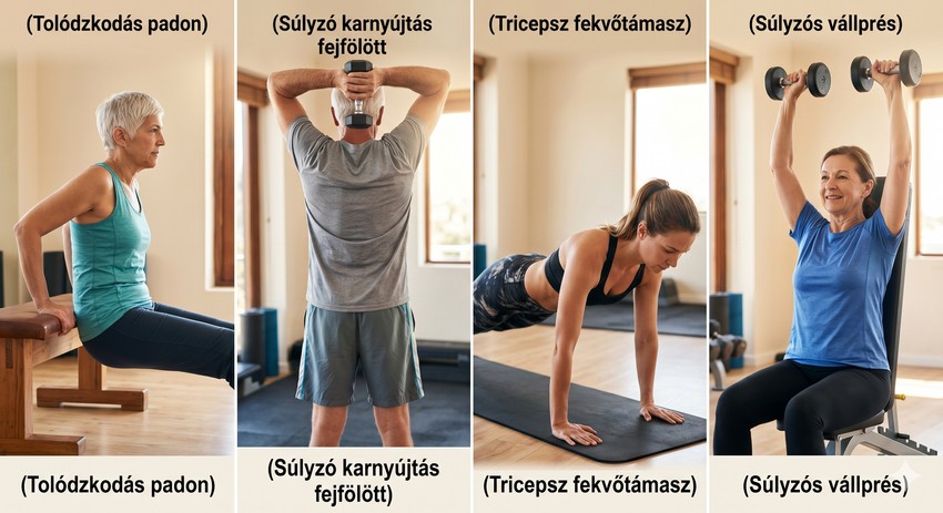 A célzott tricepsz gyakorlatok (pl. fekvőtámaszok szűk tartásban, tolódzkodás, tricepsznyújtás kézi súlyzóval vagy gumiszalaggal) segítenek az izomzat formálásában, így feszesebb tartást adnak a karnak. A helyi zsírégetés azonban önmagában nem működik: a felkar vékonyításához és a tónusosabb megjelenéshez elengedhetetlen a teljes testre kiterjedő, rendszeres kardió- és erősítő edzés, valamint a megfelelő étrend.